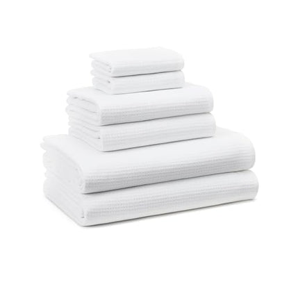 TOWN & COUNTRY BASICS 6-Piece Assorted Waffle Woven Terry Stripe Set, 2 Bath Towel, 2 Hand Towel, 2 Washcloth, 100% Cotton, Quick Dry, White - color: White