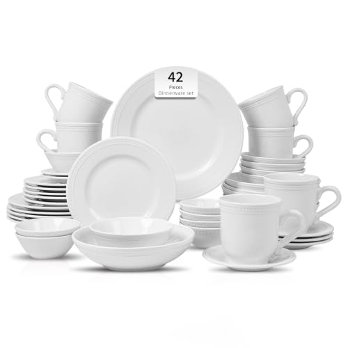 HomeVSS 42-Piece Pearl Dots Stoneware Dinnerware Set, White, Service for 6 | plates and bowls sets，dinnerware sets for 6,Pearl Dots Dinnerware，Microwave and Dishwasher Safe - color: White, size: 42pc Set
