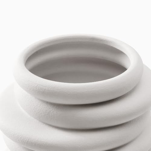 HERNEST HERNEST White Stacked Ring Ceramic Vase - Modern Ribbed Layered Donut Textured Decorative Vase