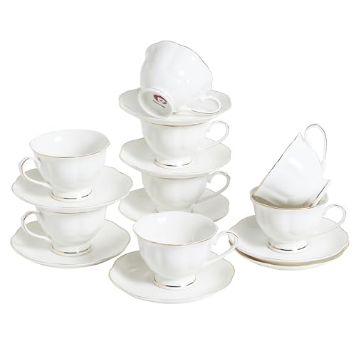 White Ceramic Tea Cup and Saucer Set of 8 (16-Piece) - 6oz Elegant Porcelain Cups with Gold Rim, 8 Cups & 8 Saucers for Tea Party - size: 6oz
