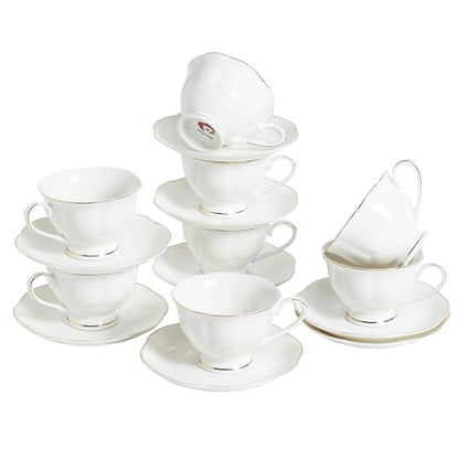 White Ceramic Tea Cup and Saucer Set of 8 (16-Piece) - 6oz Elegant Porcelain Cups with Gold Rim, 8 Cups & 8 Saucers for Tea Party - size: 6oz