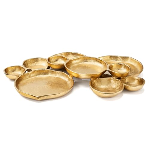 Cluster of 10 Round Serving Bowls Gold Clusters Decorative Elegant Snack Tray for Olives, Chip & Dip, Nuts, Appetizers & Entertaining Strong Brass & Enamel Home Decor Gifts, Parties & Weddings 20.5" - color: Gold, style: 10 Bowls