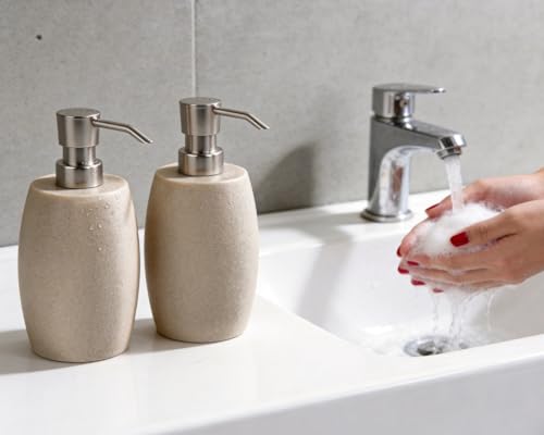 Clasin Home Sandstone Textured Resin Soap Dispenser with Metallic Pump and Waterproof Bottle Labels for Bathroom Kitchen Dish Hand Wash Shower Lotion Shampoo, 12 Oz, Beige - color: Natural Beige