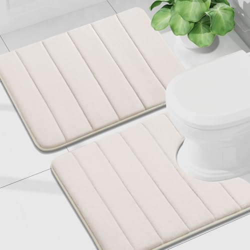 Buganda Memory Foam U-Shaped Toilet Rug Bath Mat Sets 2 Piece, 24x16+24x20 | Cream, Bathroom Mat and Contoured Toilet Rug, Machine Wash Dry, Soft Absorbent Bath Rug for Bathroom, Shower and Tub - color: Cream, size: 24" X 16"+24" X 20"