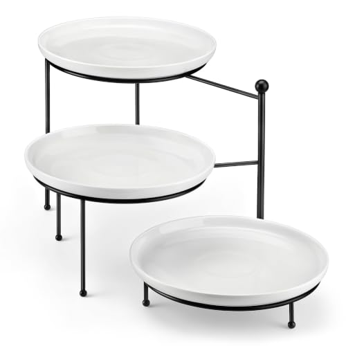 MALACASA Round 3 Tier Serving Tray, 10 Inch White Porcelain Dessert Stand | Round White Porcelain Trays with Black Metal Rack for Cupcakes, Cakes, Fruit and Appetizers, Removable, Dishwasher Safe - color: White