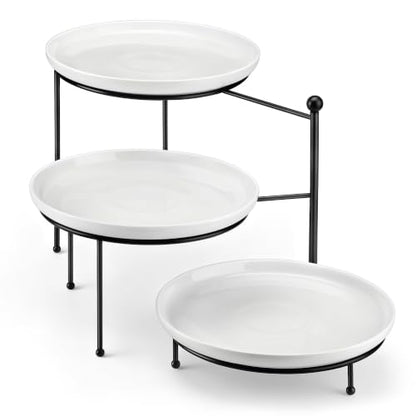 MALACASA Round 3 Tier Serving Tray, 10 Inch White Porcelain Dessert Stand | Round White Porcelain Trays with Black Metal Rack for Cupcakes, Cakes, Fruit and Appetizers, Removable, Dishwasher Safe - color: White