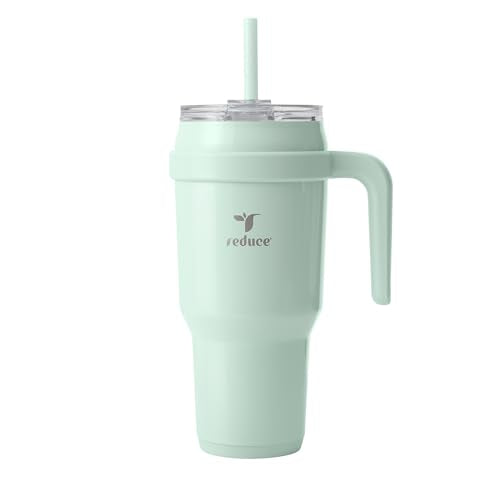 REDUCE Cold1 40 oz Tumbler with Handle - Vacuum Insulated Stainless Steel Water Bottle for Home, Office or Car, Reusable Mug with Straw or Leakproof Flip Lid, Keeps Drinks Cold All Day-Gloss Sea Glass - color: Glass, size: 40 Ounces