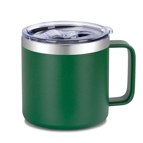 VEGOND 14 oz Insulated Coffee Mug with Handle, Stainless Steel Travel Coffee Mug with Lid, Double Wall Vacuum Metal Coffee Cup, Coffee Tumbler Powder Coated, Dark Green 1 Pack - color: Dark Green, size: 14 Ounces