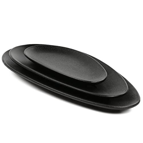 vicrays Large Oval Serving Platters, 16"/14"/10" Porcelain Serving Platters for Party, BBQ,Stackable Serving Trays Serving Plates for Appetizers, Sushi, Restaurant, Set of 3 (Black)` - color: Black