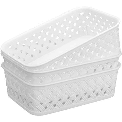 MaxGear 3 Pack Plastic Storage Baskets, Small, White | Durable Woven Plastic with Built-In Handles, Suitable for Shelves, Closets, Cabinets, Bathrooms and Offices - color: White, size: Small