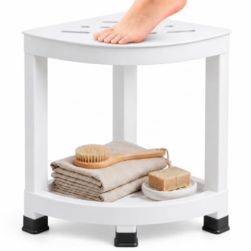 Shower Foot Rest 16in, HIPS Shower Stool for Inside Shower, Waterproof Corner Shower Stool with Storage Shelf for Inside Small Shower Spaces, (White) - color: White