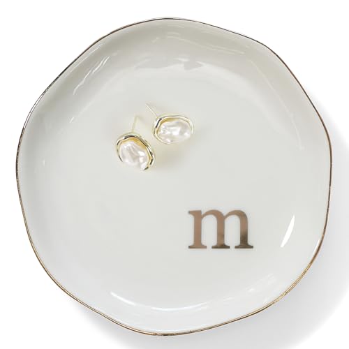 Initials Ring Dish Jewery Tray with Personalized M-Monogrammed Engagement Wedding Gifts for Friends,Sister,Birthday Christmas Gifts for Women,Ceramic White - style: m