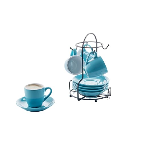 IMUSA USA 8pc 3oz Blue and White Espresso Cups & Saucers Set w/Storing Rack, 8pc, Teal - color: Blue and White, size: 3 Ounces, style: 8 Piece