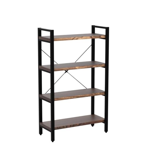 Solid Wood Bookshelf,4 Tier Rustic Vintage Industrial Etagere Bookcase, Open Metal and Wood Vintage Book Shelf, Retro Brown (RealWood)(4-Tier) - size: 4-Tiers-RealWood