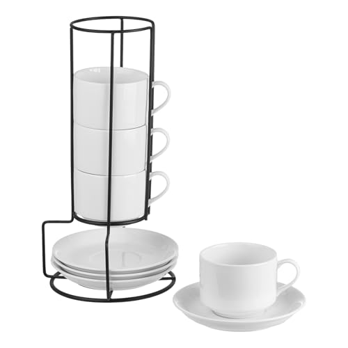 YOLIFE 8oz Porcelain Stackable Cappuccino Cups with Saucers and Metal Stand Set of 4, Coffee cups for Espresso, Specialty Coffee Drinks, Latte, Americano and Tea - White - color: White, size: 8oz
