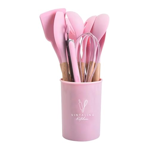 Silicone Cooking Utensils Kitchen Utensil Set - 446°F Heat Resistant Silicone Kitchen Utensils Set, Spatula,Turner Tongs, Spoon, Whisk,Kitchen Gadgets for Nonstick Cookware, BPA Free (Pink) - color: Pink