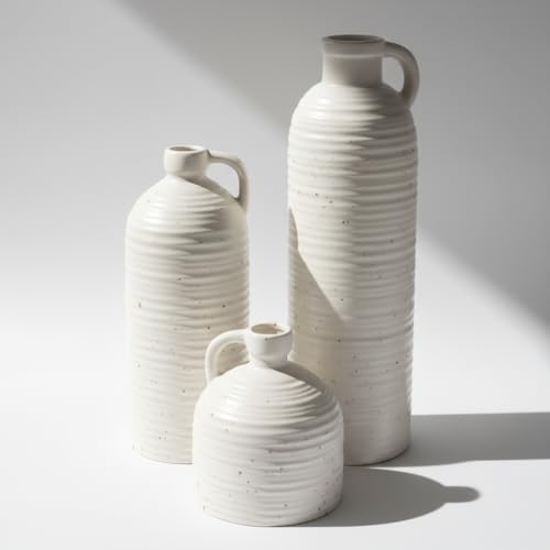 White Polka Dot Vase Set of 3, Ribbed Jugs with Handles for Home Decor | Ceramic finish for rustic farmhouse tables, shelves, mantels and flower displays - color: White03