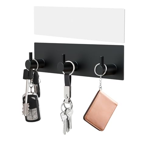 VIS'V Key Holder Wall Mount, Small Adhesive Key Hanger with 3 Hooks, Black | Metal Material, No Drilling, Extra Adhesive Strip, Suitable for Entryway, Hallway, Doorway, Kitchen, Garage, Camper - color: Black