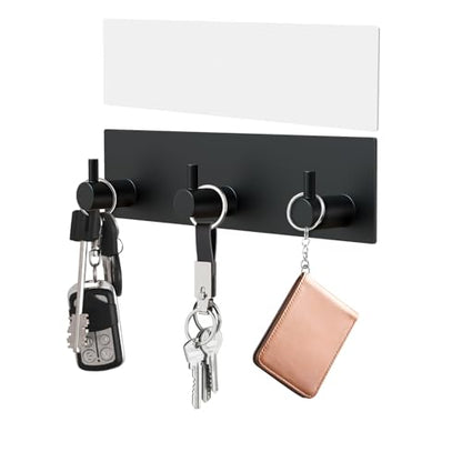 VIS'V Key Holder Wall Mount, Small Adhesive Key Hanger with 3 Hooks, Black | Metal Material, No Drilling, Extra Adhesive Strip, Suitable for Entryway, Hallway, Doorway, Kitchen, Garage, Camper - color: Black