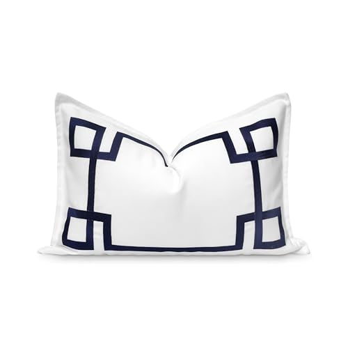Hofdeco Premium Coastal Patio Indoor Outdoor Lumbar Pillow Cover Only, 12"x20" Water Repellent for Backyard, Couch, Navy Blue Embroidered Frame Greek Key - color: Navy Blue Frame Greek Key 12"x20"