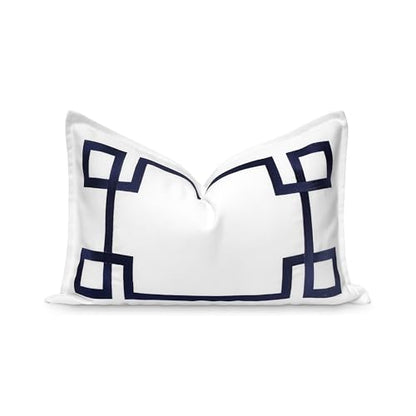 Hofdeco Premium Coastal Patio Indoor Outdoor Lumbar Pillow Cover Only, 12"x20" Water Repellent for Backyard, Couch, Navy Blue Embroidered Frame Greek Key - color: Navy Blue Frame Greek Key 12"x20"