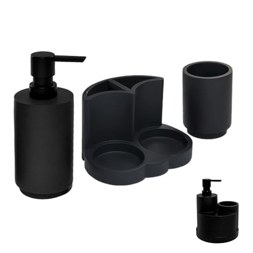 Black Resin Bathroom Accessories Set, Removable, 3 Piece Easy-to-Clean | Soap Dispenser, Toothbrush Holder, Tumbler & Countertop Organizer,Bathroom Accessory Set for Home, Apartment & Guest Bathroom