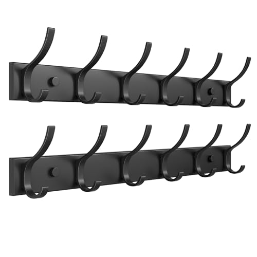 Coat Rack Wall Mount with 6 Hooks (Black, 2 Pack), Heavy Duty Coat Hooks Wall Mount for Entryway, Bedroom, Closet, Wall Hooks for Hanging Coats, Hats, Bags, Purses. - color: Black, size: 2 Pack