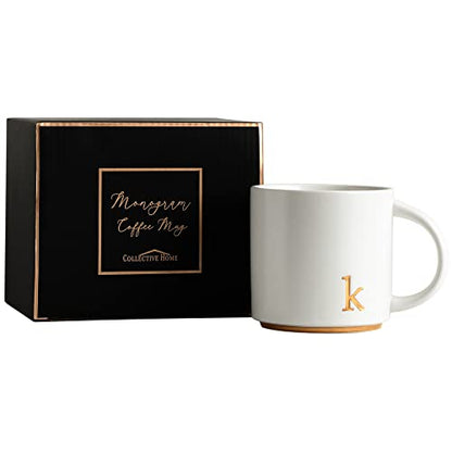 COLLECTIVE HOME Ceramic Coffee Mug, 15 oz Monogram Cup with Gift Box(K) | Dishwasher Safe, Engraved Gold Letter , Personalized Housewarming Birthday Present, Christmas Thanksgiving Mothers Day Gifts - color: gold-k