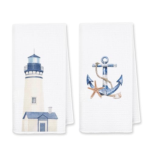 Coastal Hand Towels Set of 2, 16x24 Inches Soft Absorbent Kitchen & Bathroom Towels, Nautical Lighthouse Anchor Design, Decorative Beach Theme Dish Towels for Home Decor - color: White-coastal Hand