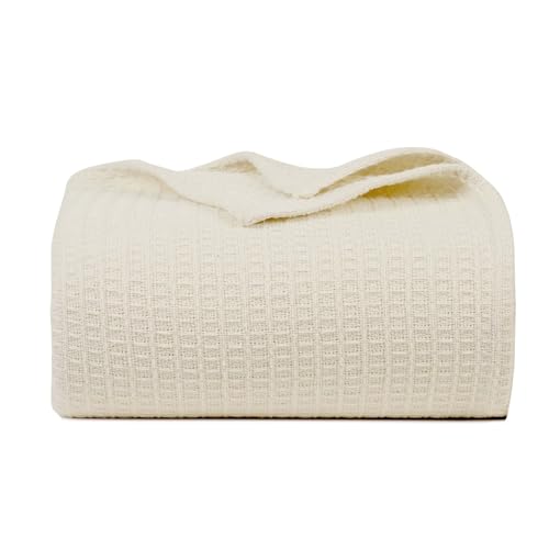 100% Cotton Waffle Weave Blanket, Twin Size 60 x 90 Inches, 300 GSM Lightweight Breathable Cooling Bed Blanket for Summer & All Season, Soft Woven Blanket, Ivory - color: Ivory, size: 60x90-Twin