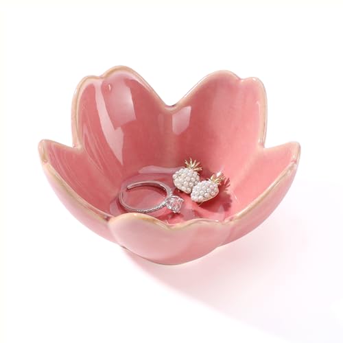 Pink Flower Ring Dish Holder,Jewelry Dish Tray,Small Trinket Tray,Jewelry Plate Bowl,Key Bowl,Decorative Plate,Mothers Day Birthday Gifts for Women Friends,Ceramic Kiln effect White - color: Kiln effect Pink