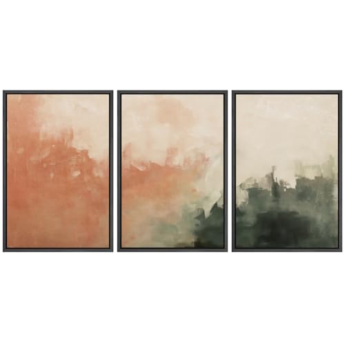 SIGNFORD Framed Canvas Print Wall Art Set Sunset Mist Abstract Coral and Green Illustrations Modern Art Relax/Calm for Living Room, Bedroom, Office - 16"x24"x3 Black - color: A06-2505-yuk02, size: 16"x24"x3 Panels Black