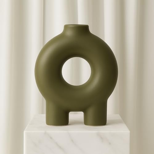 Modern Geometric Ceramic Vase – Stoneware Flower Holder with Unique Circular Design – Decorative Accent for Home Decor, Living Room, Bedroom, Office, Shelf & Table Display – 7", Olive Color