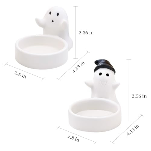 Set of 2 Cute Ghost Tealight Candle Holders, Halloween Decorations Indoor, Small Cartoon Ceramic Taper Tealight Candle Holder for Home Office Party Wedding Holiday Decor Gift, Not Included Candle