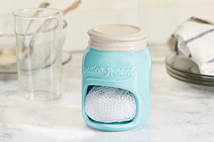 Fox Run Ceramic Mason Jar Holder with Sponge, 3.5 x 3.5 x 5 inches, Blue - style: Sponge Holder
