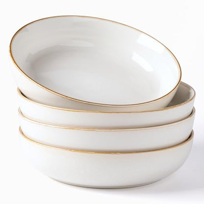 GBHOME 8.75'' Large Ceramic Pasta Bowls, 38oz Stoneware Pasta Serving Bowls Set of 4 for Kitchen, Wide Bowls for Fruit,Pasta,Salad,Oatmeal,Meal, Microwave Safe, Reactive Glaze-Pear White - color: Pearl White