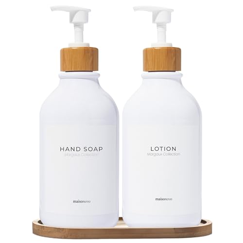 MaisoNovo Soap Dispenser Bathroom Set of 2-16.9 oz Bathroom Soap Dispenser Set - White Plastic Bottles x 2 with White Bamboo Pumps & Tray - color: Plastic White Bottles/ White Bamboo Pumps