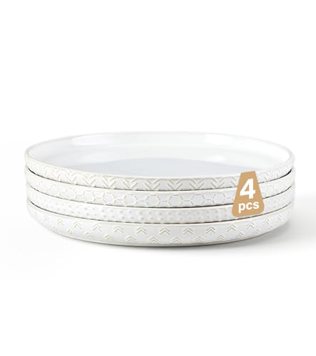 Lareina Ceramic Dinner Plates 10 Inch, Embossed Boho Stoneware Plates for Dessert, Salad, Appetizer, Dinner, Microwave & Dishwasher Safe, Scratch Resistant-Set of 4, Ivory White - size: 10 inch