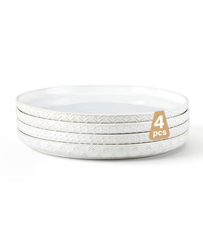 Lareina Ceramic Dinner Plates 10 Inch, Embossed Boho Stoneware Plates for Dessert, Salad, Appetizer, Dinner, Microwave & Dishwasher Safe, Scratch Resistant-Set of 4, Ivory White - size: 10 inch