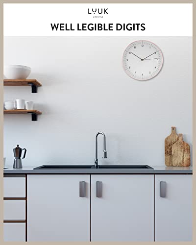 Modern Silent Quartz Wall Clock, 12in, White & Rose Gold | Designed in Germany, Simple & Elegant, Non-ticking, Analog, Battery operated, Housewarming gift, for Living room, Bedroom - color: White & Rose, 12"