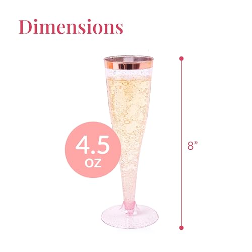Prestee Set of 24 Plastic Champagne Flutes Disposable - Silver Glitter Pink Champagne Glasses with Rose Gold Rim, Elegant Toasting Cups for Weddings, Cocktail Parties, New Year's Celebrations - color: Rose Gold Rim/Glitter, size: 24 Count (Pack of 1)