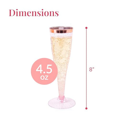 Prestee Set of 24 Plastic Champagne Flutes Disposable - Silver Glitter Pink Champagne Glasses with Rose Gold Rim, Elegant Toasting Cups for Weddings, Cocktail Parties, New Year's Celebrations - color: Rose Gold Rim/Glitter, size: 24 Count (Pack of 1)