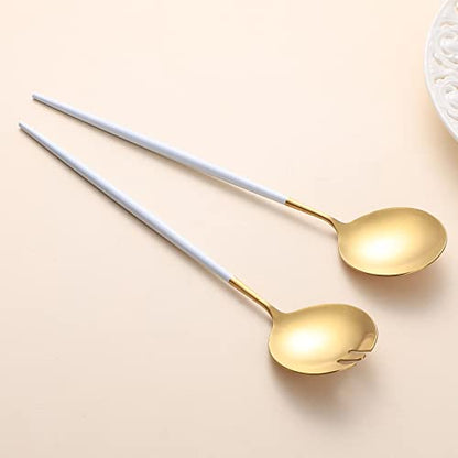 Salad Servers,Spoon and Fork Set 11.41 inch,18/10 Stainless Steel Salad Serving Titanium Plating (White gold) - color: White/Gold