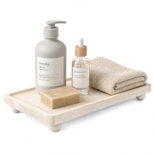 Pine Wood Bathroom Tray for Kitchen Counter, Sink, Vanity, Light Natural | Raised ball feet, Rounded edge, Waterproof kitchen organization, Ideal candle holder, bathroom organizer, Rustic home decor - color: Light Brown