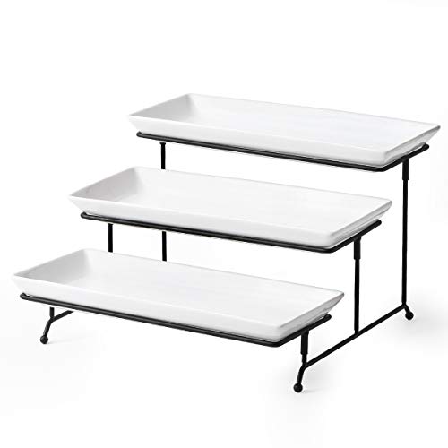 YHOSSEUN 3 Tier Serving Stand Tiered Tray Stand with 3 Porcelain Serving Platters Trays for Dessert Server Display Collapsible Sturdier Metal Rack 14 inch | Tiered Tray Stand with 3 Porcelain Serving Platters Trays for Dessert Server Display Collapsible S