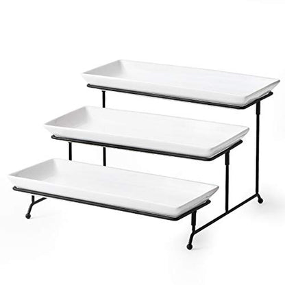YHOSSEUN 3 Tier Serving Stand Tiered Tray Stand with 3 Porcelain Serving Platters Trays for Dessert Server Display Collapsible Sturdier Metal Rack 14 inch | Tiered Tray Stand with 3 Porcelain Serving Platters Trays for Dessert Server Display Collapsible S