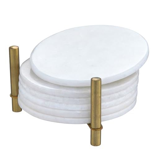 Queenza Marble Coasters for Drinks, Natural Stone Coasters Set for Coffee Table, Bar, Dining & Home Decor, Set of 6 Sleek 3.5-Inch, 5 mm Thick Tiles with Metal Holder, Polished from Both Sides