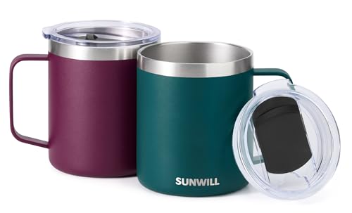 SUNWILL Travel Coffee Mug Set of 2, Insulated Tumbler with Lid, 14 oz Stainless Steel Cup with Handle for Camping, Office, Home, Powder Coated Forest Green & Plum - color: Powder Coated Forest Green & Plum