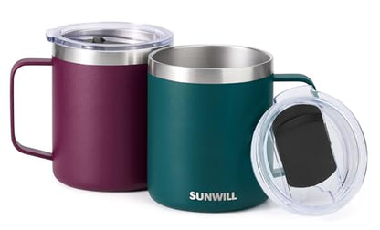 SUNWILL Travel Coffee Mug Set of 2, Insulated Tumbler with Lid, 14 oz Stainless Steel Cup with Handle for Camping, Office, Home, Powder Coated Forest Green & Plum - color: Powder Coated Forest Green & Plum