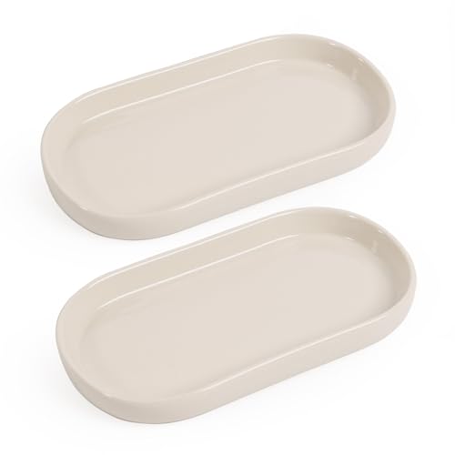 Ceramic Jewelry Tray 2 Packs – Oval Vanity Dish for Rings, Earrings, Bracelets – Minimalist Decorative Trinket Holder for Dresser, Bathroom, Nightstand – Cream White - color: Cream_2pcs
